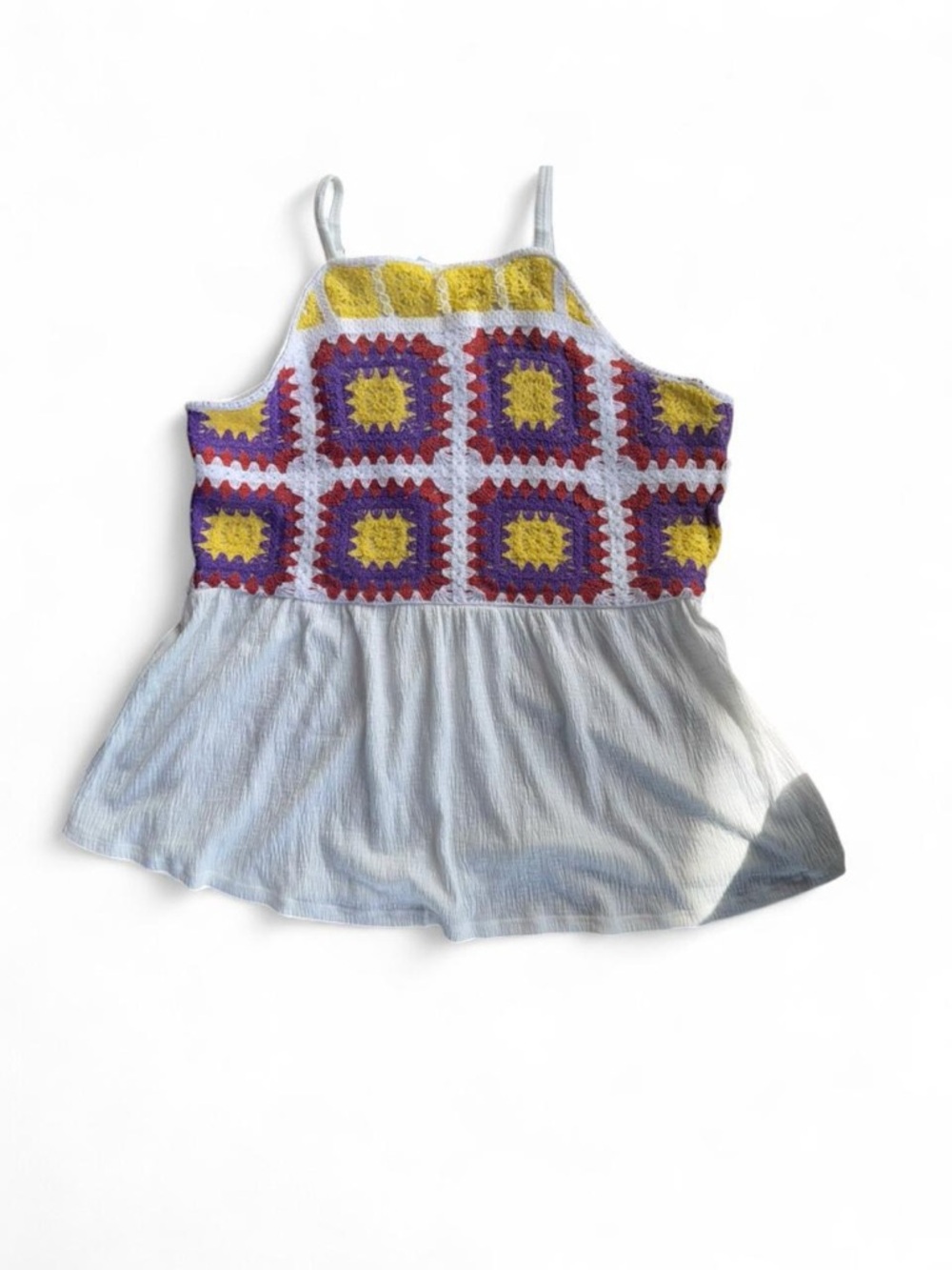 Maurices White Tank Top with Yellow & Purple Crochet Front